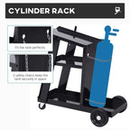 Black cylinder rack welding cart with safety chains and rolling caster wheels