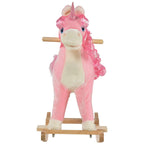Pink plush unicorn ride-on on wooden rocking base, front view with horn and mane