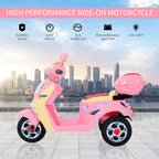 Pink ride-on motorcycle toy with rear storage box and front LED headlight