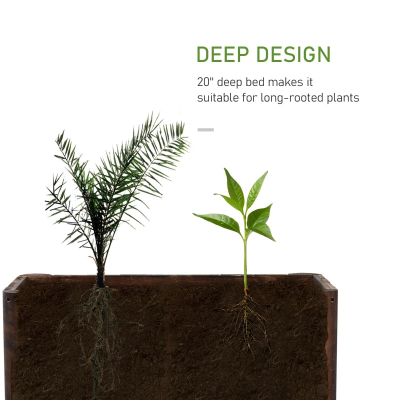 Wooden raised garden bed planter with visible soil and small plants, dark finish