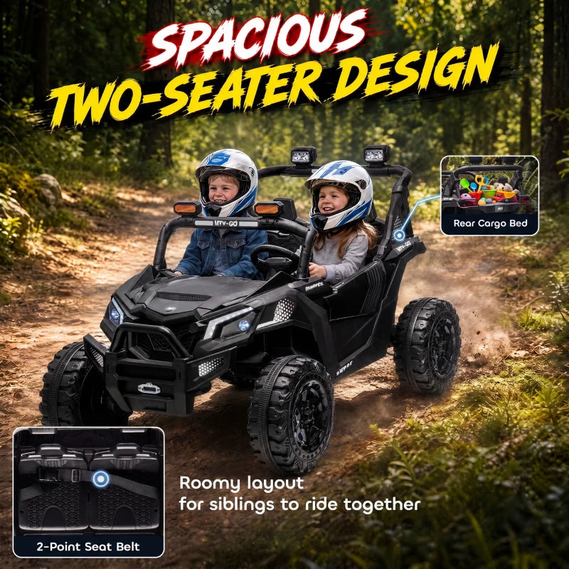 Black two-seater ride-on UTV with front dashboard and rear cargo bed, outdoor view