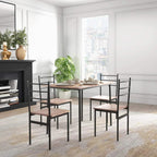 Dining table and chairs set with black frames, wood-look seats, and rectangular tabletop