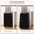 Black 3-drawer filing cabinet with key lock, drawers shown locked and unlocked