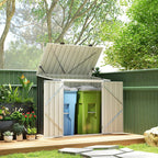 Grey double bin storage shed with open lift-up lid showing blue and green bins