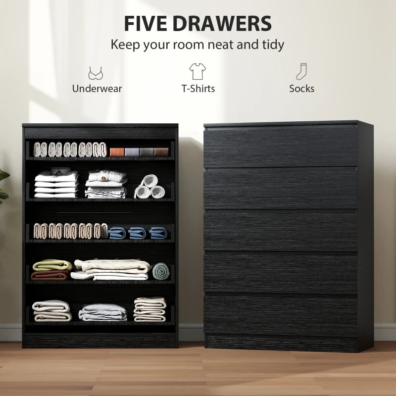 Black 5-drawer dresser with open top drawers showing folded clothing items.