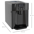 Black ice maker machine shown from front with dispenser chute and ice basket