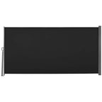 Retractable privacy screen panel in black fabric with gray metal side posts