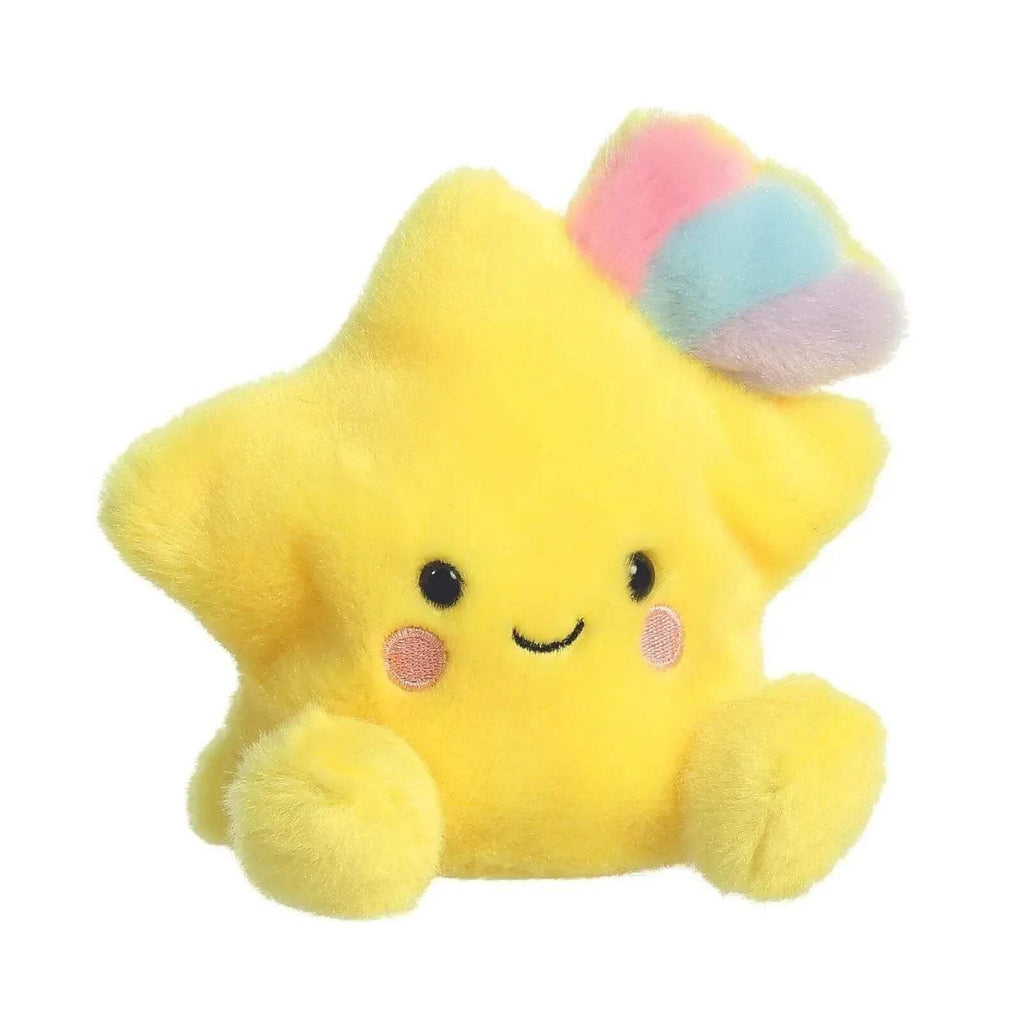 Yellow plush shooting star soft toy with smiling face and pastel cloud tail