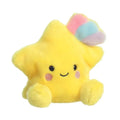 Yellow plush shooting star soft toy with smiling face and pastel cloud tail