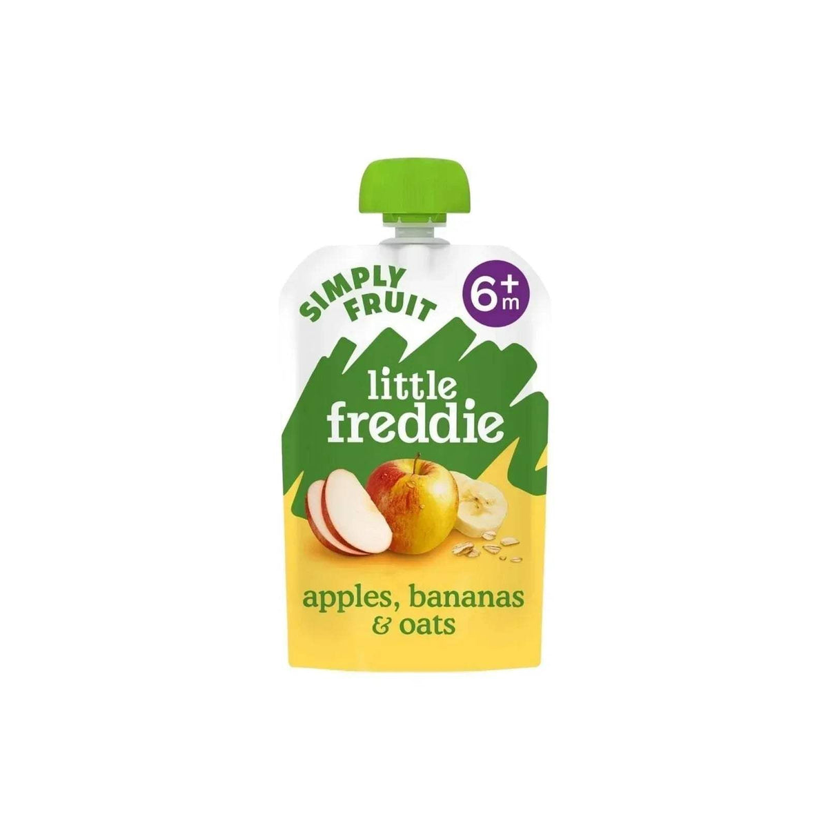 Little Freddie baby food pouch: apples, bananas & oats, yellow pouch with green cap
