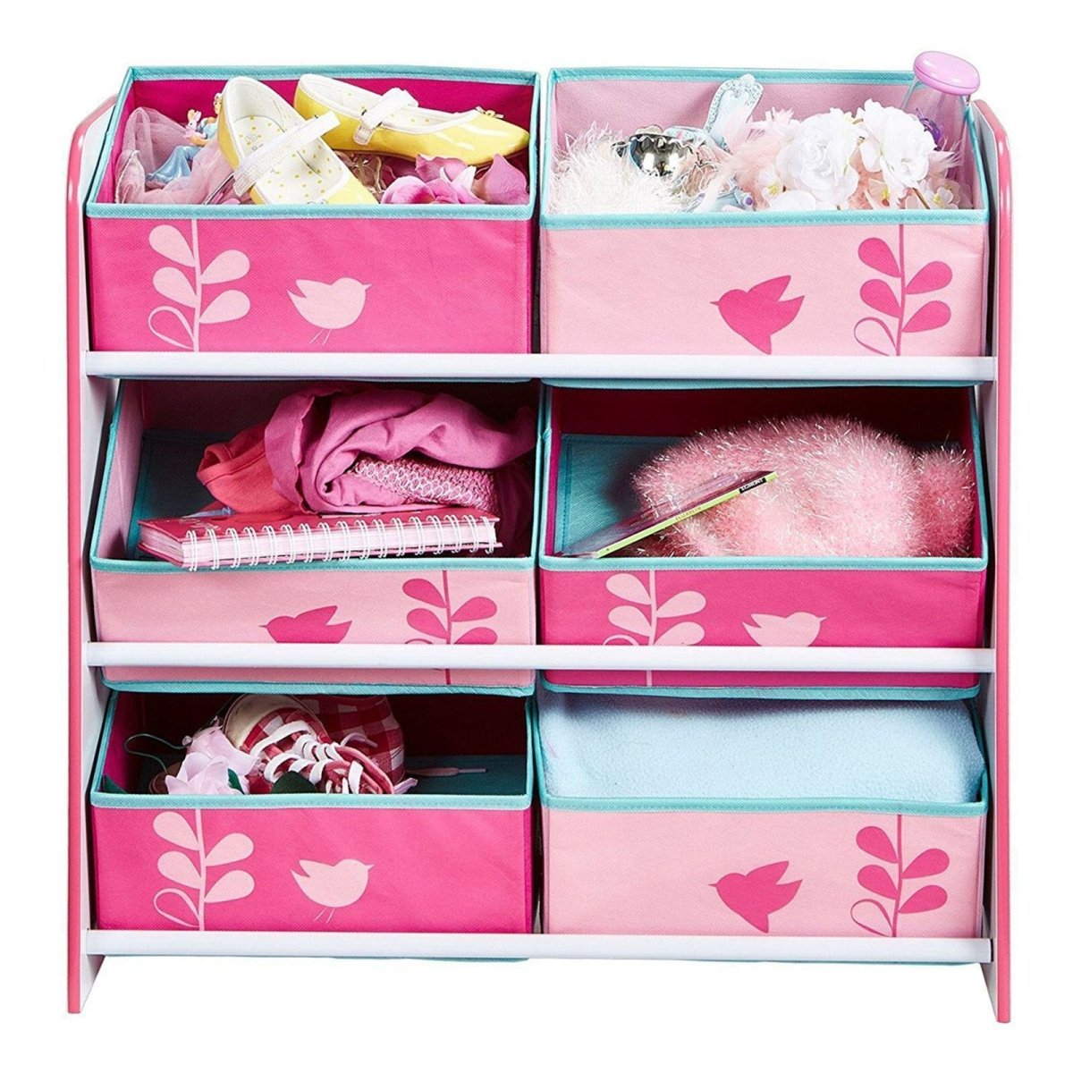 Hello Home Kids Bedroom Toy Storage Unit with 6 Fabric Storage Boxes - Flowers and Birds