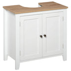 White under-sink cabinet with two doors and wood-grain tabletop, freestanding pedestal style