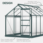 Dark green walk-in greenhouse with rooftop vent, sliding door opening, and clear polycarbonate panels