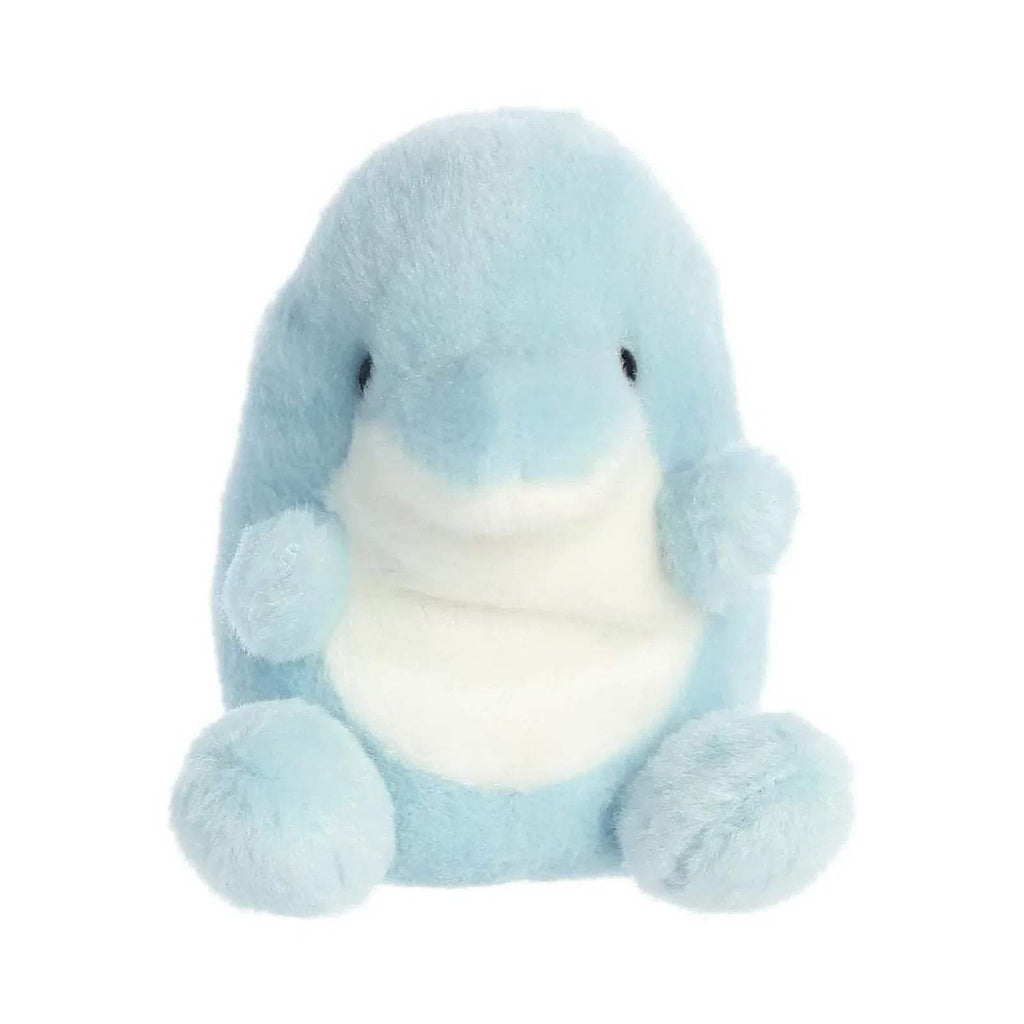Light blue plush dolphin toy with stitched face and smiling belly patch