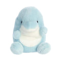 Light blue plush dolphin toy with stitched face and smiling belly patch