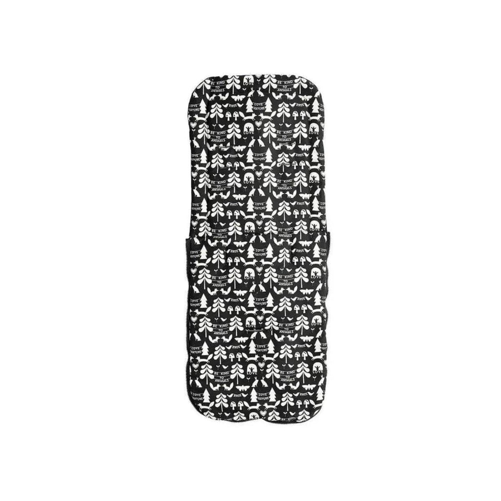 Patterned stroller footmuff cover in black and white with all-over icon design