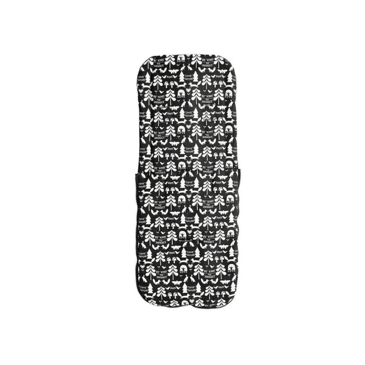 Patterned stroller footmuff cover in black and white with all-over icon design