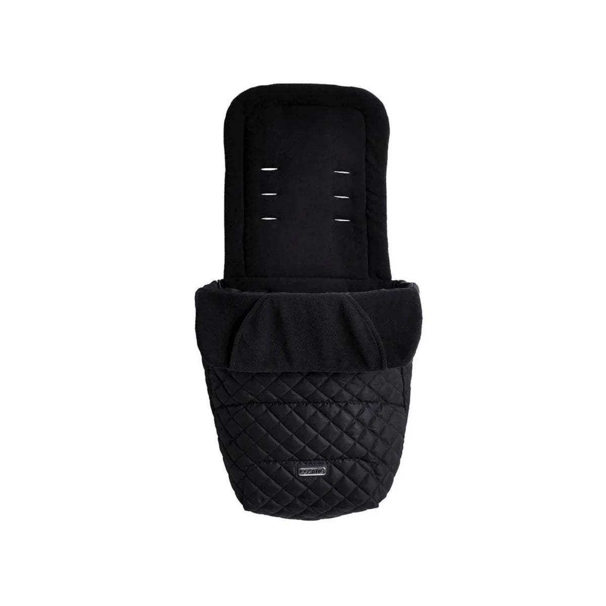 Black quilted footmuff with curved top and small embroidered logo