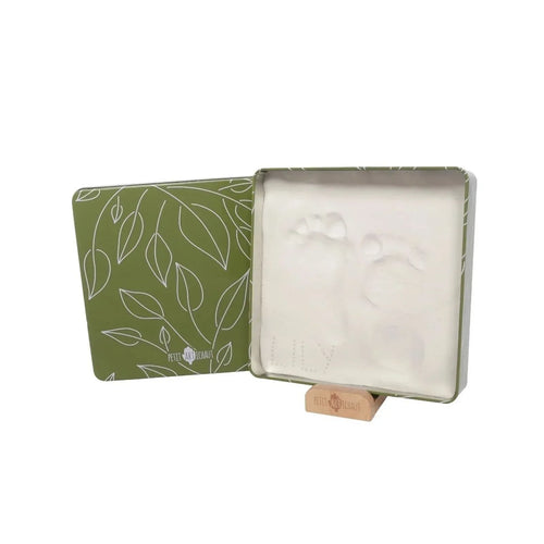 Olive green baby hand and foot imprint square keepsake box, open with white molds