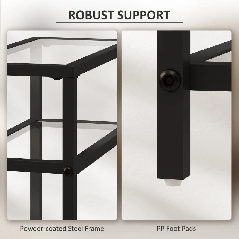 Close-up of black side table frame with powder-coated steel and PP foot pads.