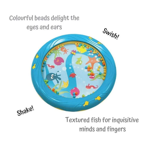 Blue sea animal Shake 'n' Roll textured fish drum with colorful bead ring
