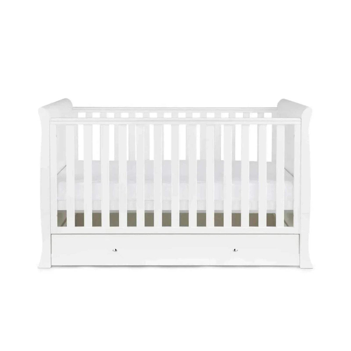 White cot bed front view with vertical slat rails and drawer panel, without mattress.