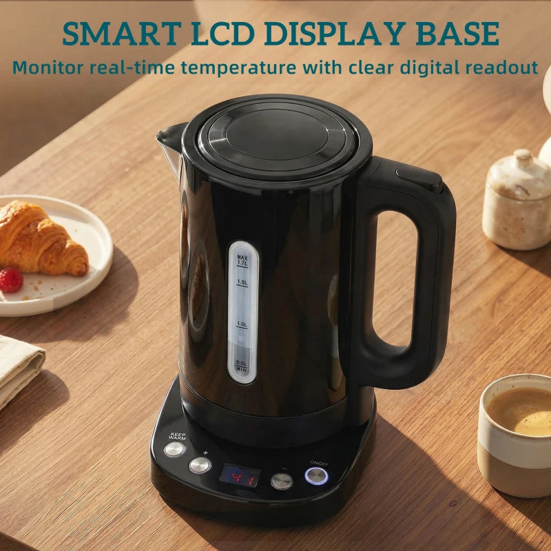 Black electric kettle with LCD display base and water level gauge window