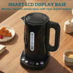 Black electric kettle with LCD display base and water level gauge window