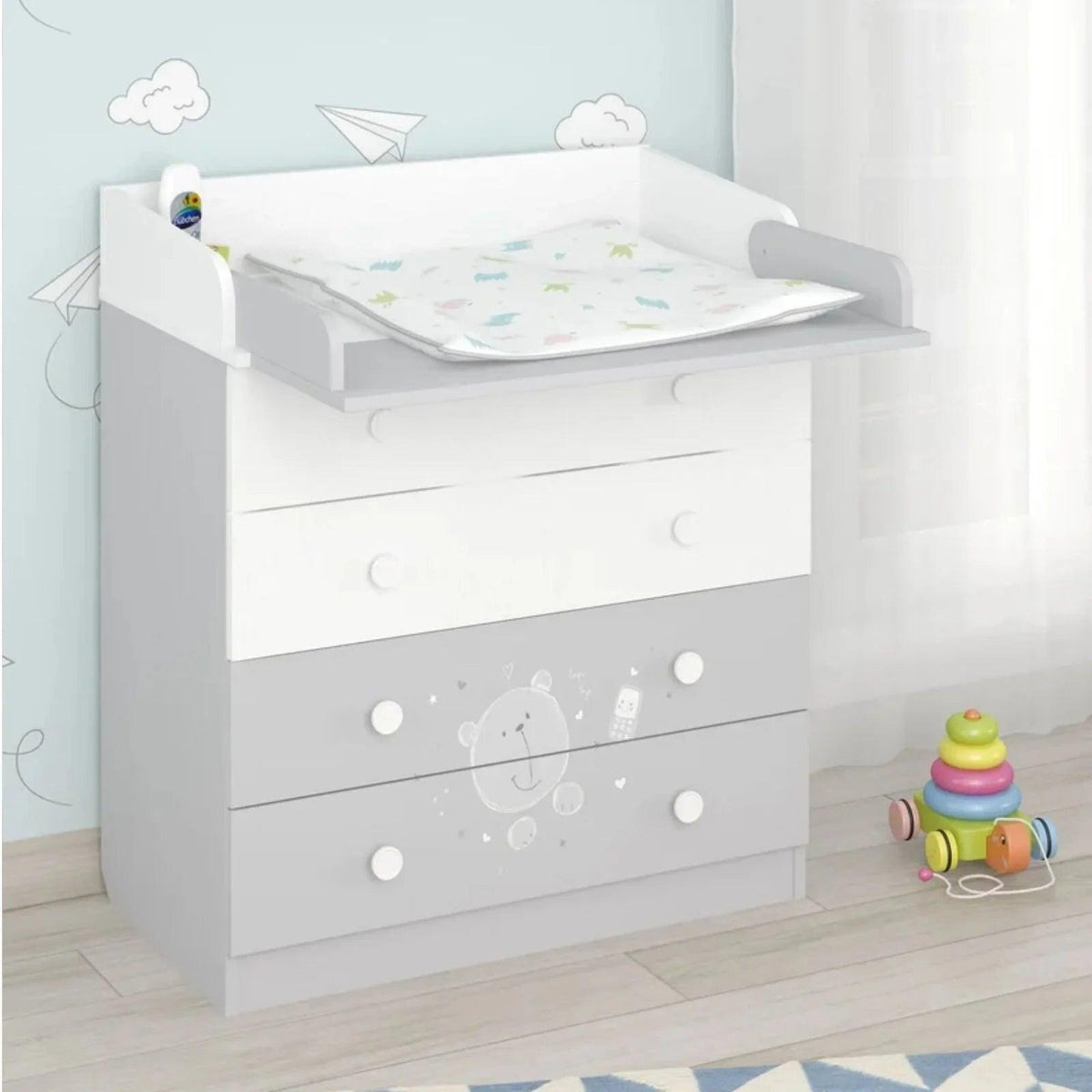 Kids teddy changing dresser, grey and white, open changing tray and drawers