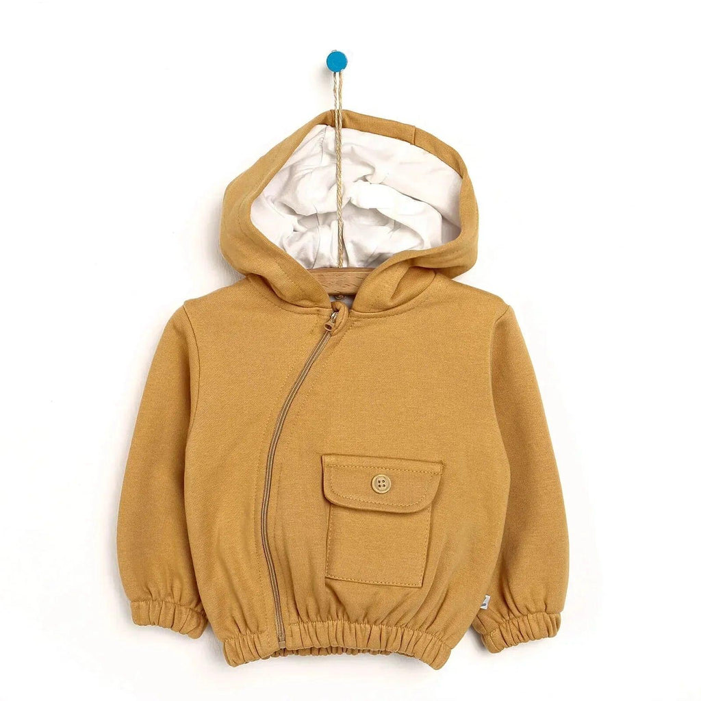 Baby cardigan, cinnamon brown, zip front with hood and kangaroo pocket