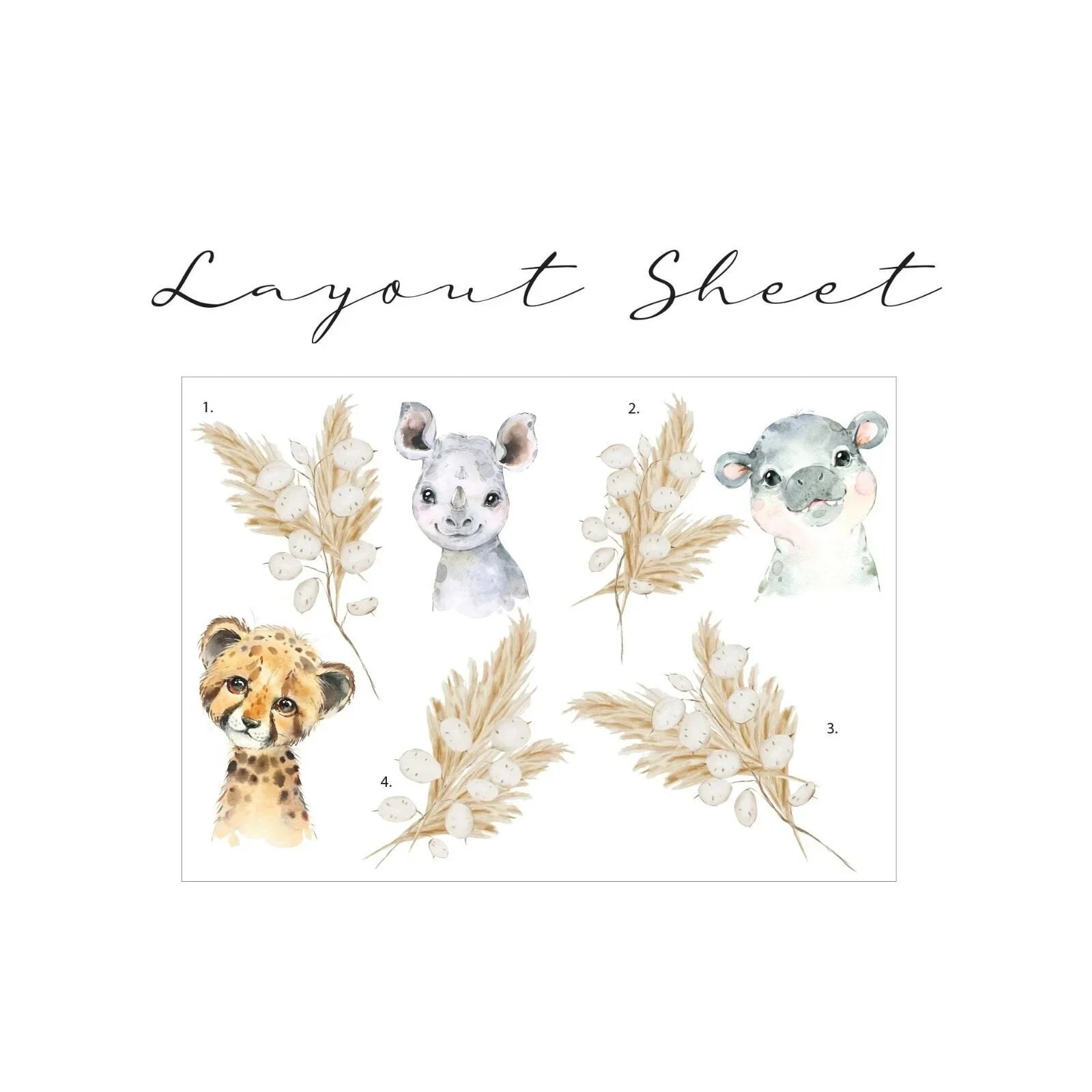 Live Vida Baby Safari Wall Sticker Hippo & Cheetah & Rhino 3 pcs