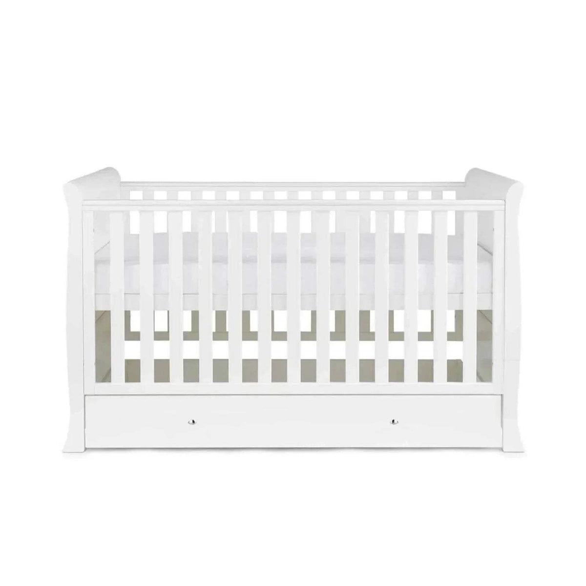 White baby cot view with vertical slats and drawer storage panel
