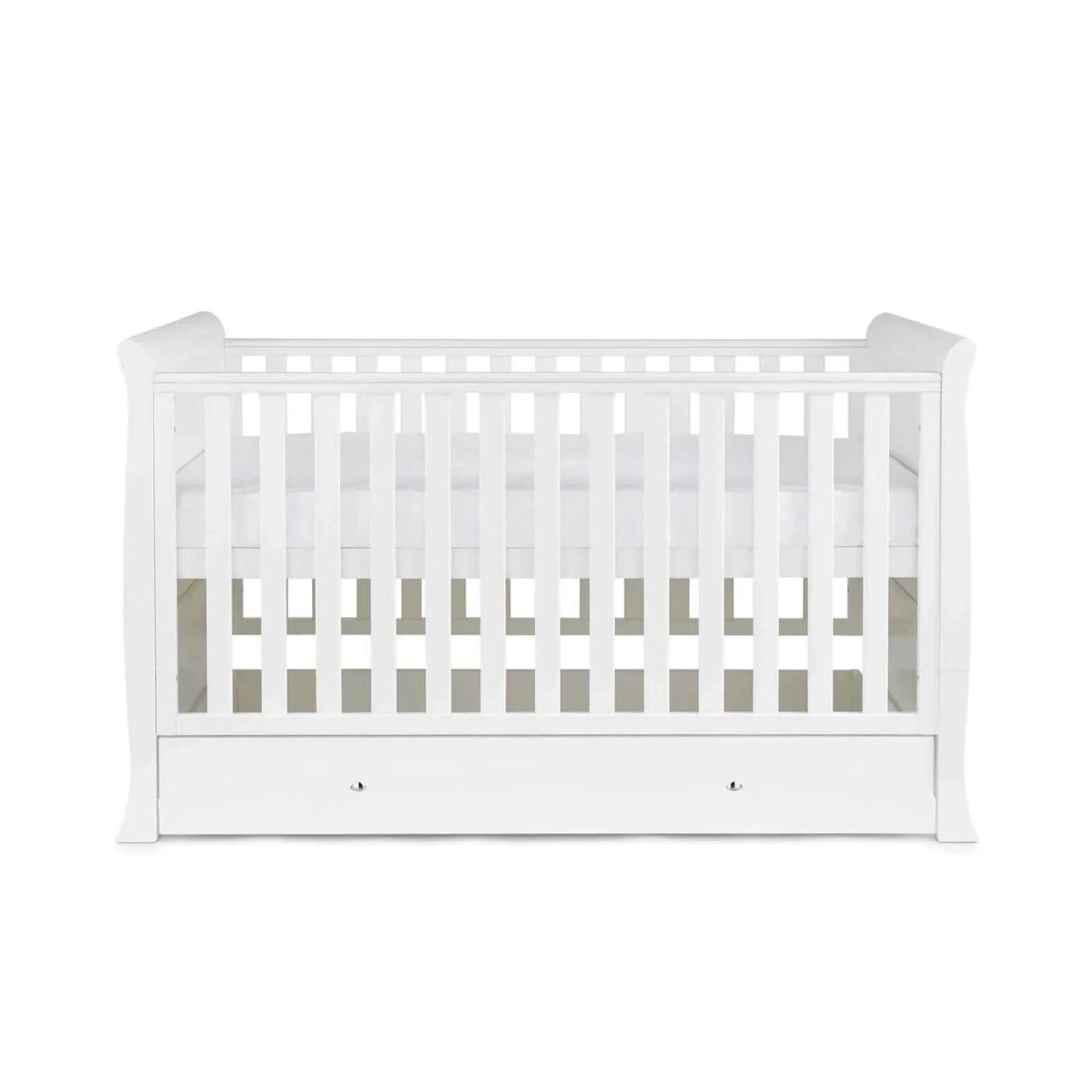 White wooden baby cot with vertical slats and drawer base, front view