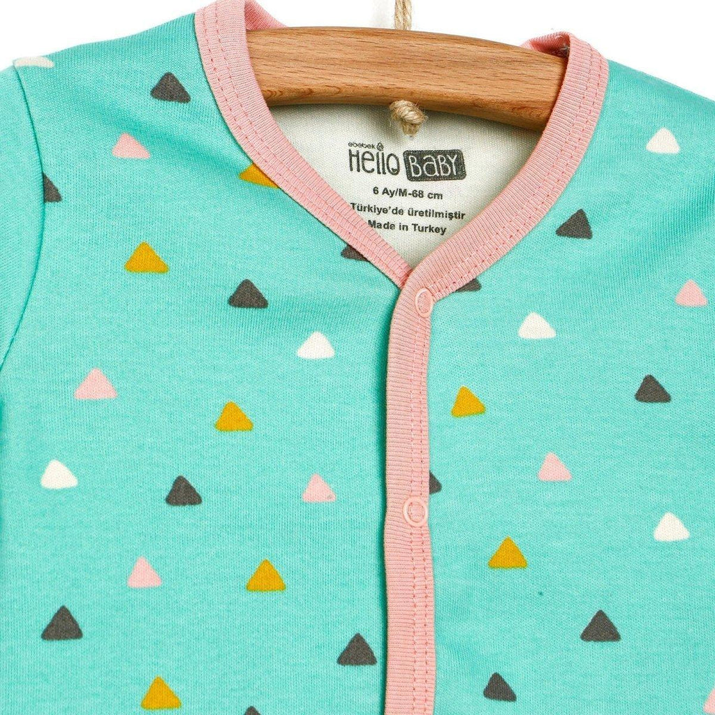 Mint pajama top for baby girl with pink trim and all-over triangle pattern.