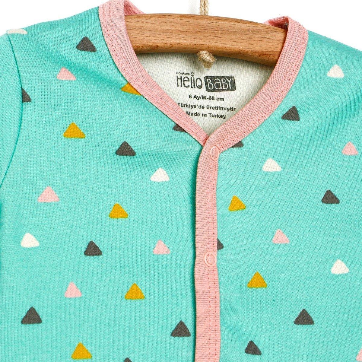 Mint pajama top for baby girl with pink trim and all-over triangle pattern.