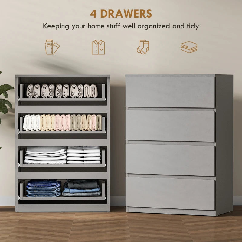 Grey dresser cabinet with four open drawers showing neatly organized items inside.