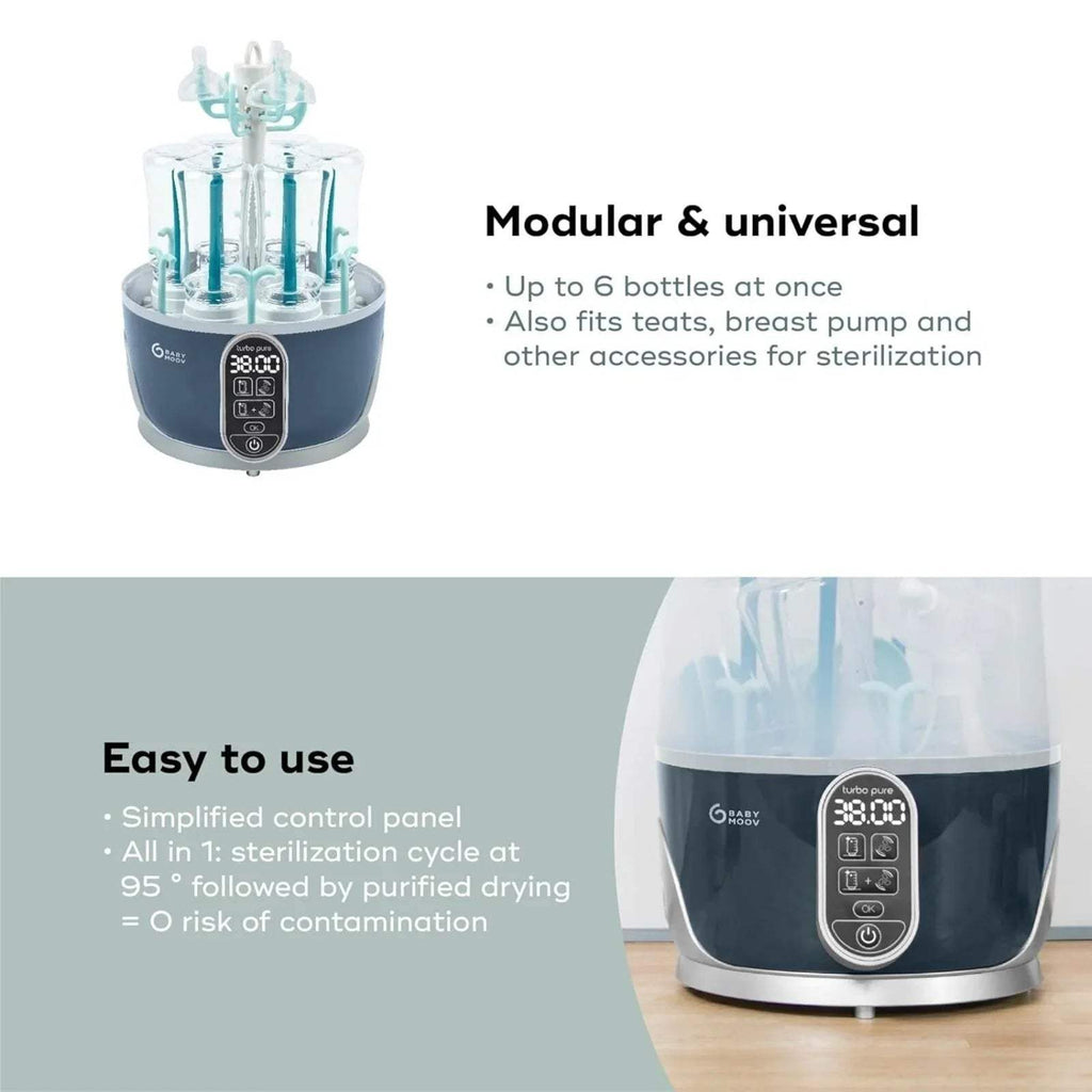 Babymoov Turbo Pure steriliser and dryer with bottle rack and control panel on base
