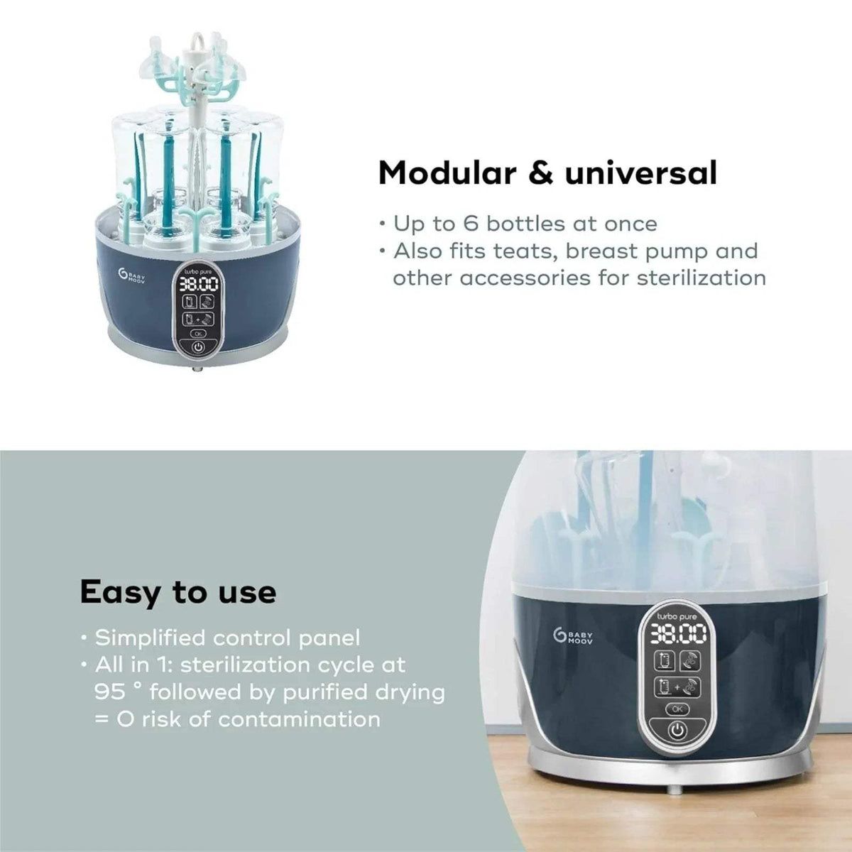 Babymoov Turbo Pure steriliser and dryer with bottle rack and control panel on base