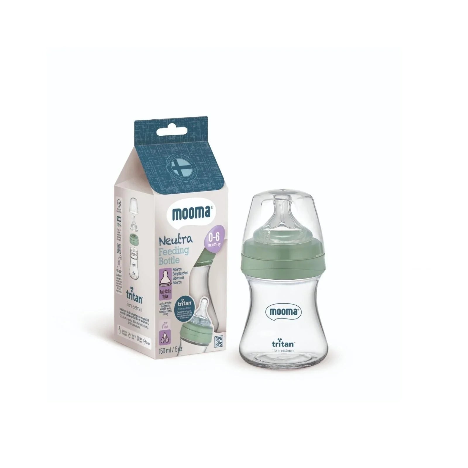 Sage green Mooma Tritan baby feeding bottle, 0–6 months, with retail box