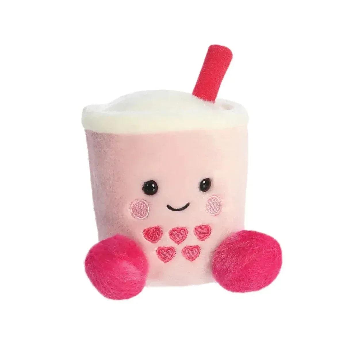 Heart-face boba plush cup with red straw, heart chest design, and pink pom-pom hands.