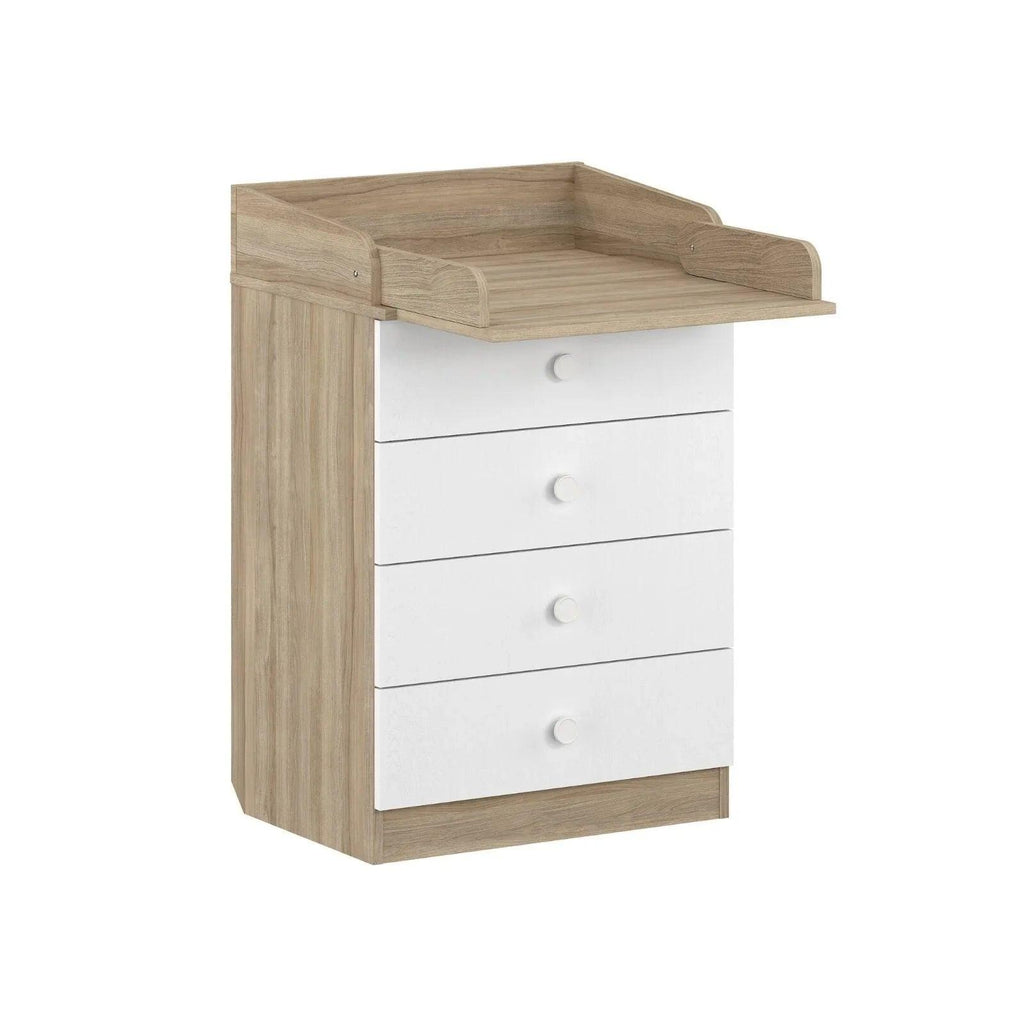 Elm and white changing dresser with three drawers, round knobs, and top changing rail