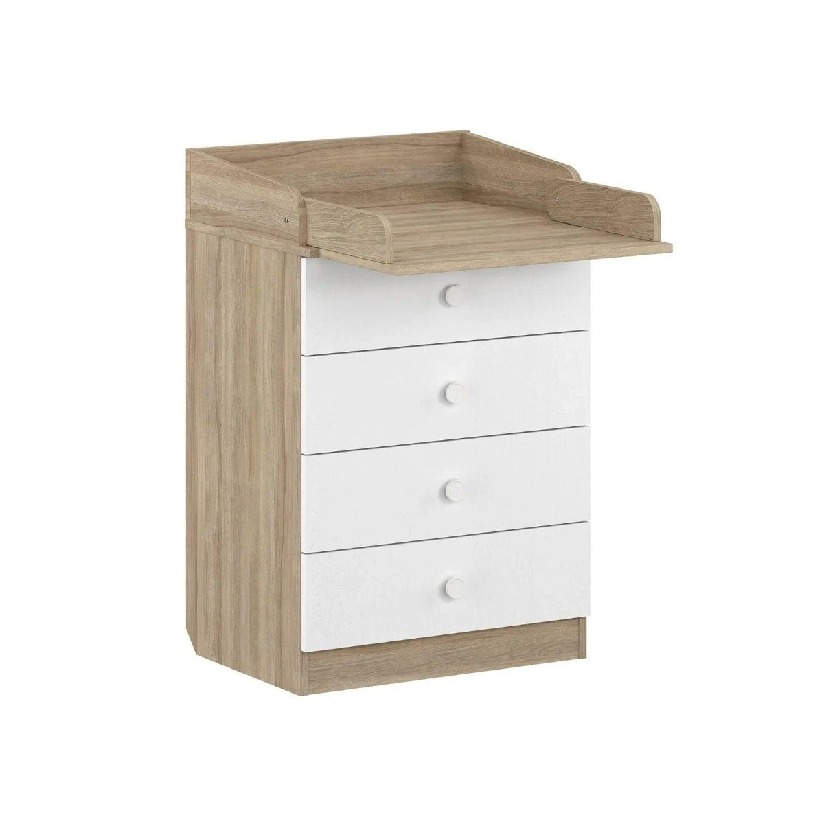 Elm and white changing dresser with three drawers, round knobs, and top changing rail