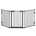 Black metal pet safety gate with three folding panels and vertical bars