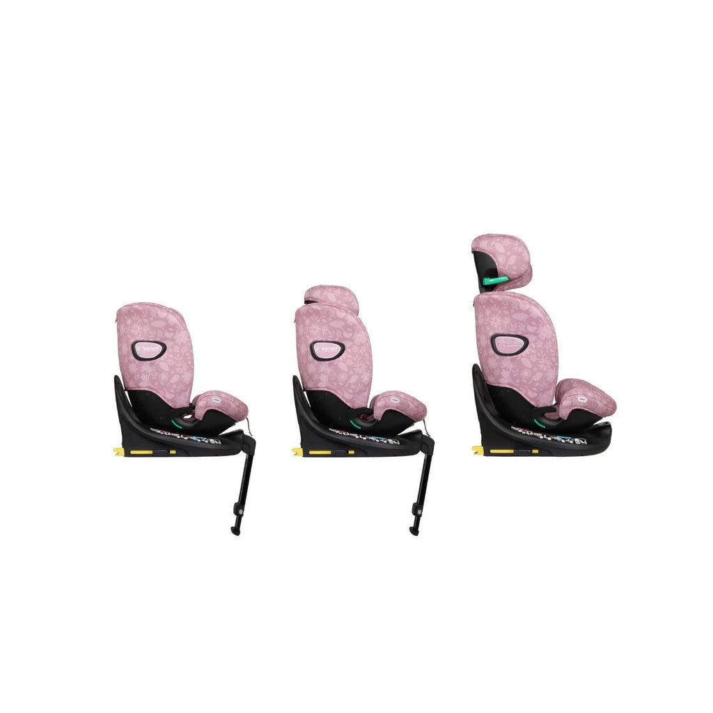 Cosatto i-Size car seat front, side, and reclined views with pink floral upholstery