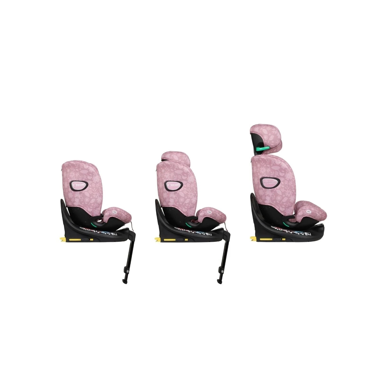 Cosatto i-Size car seat front, side, and reclined views with pink floral upholstery