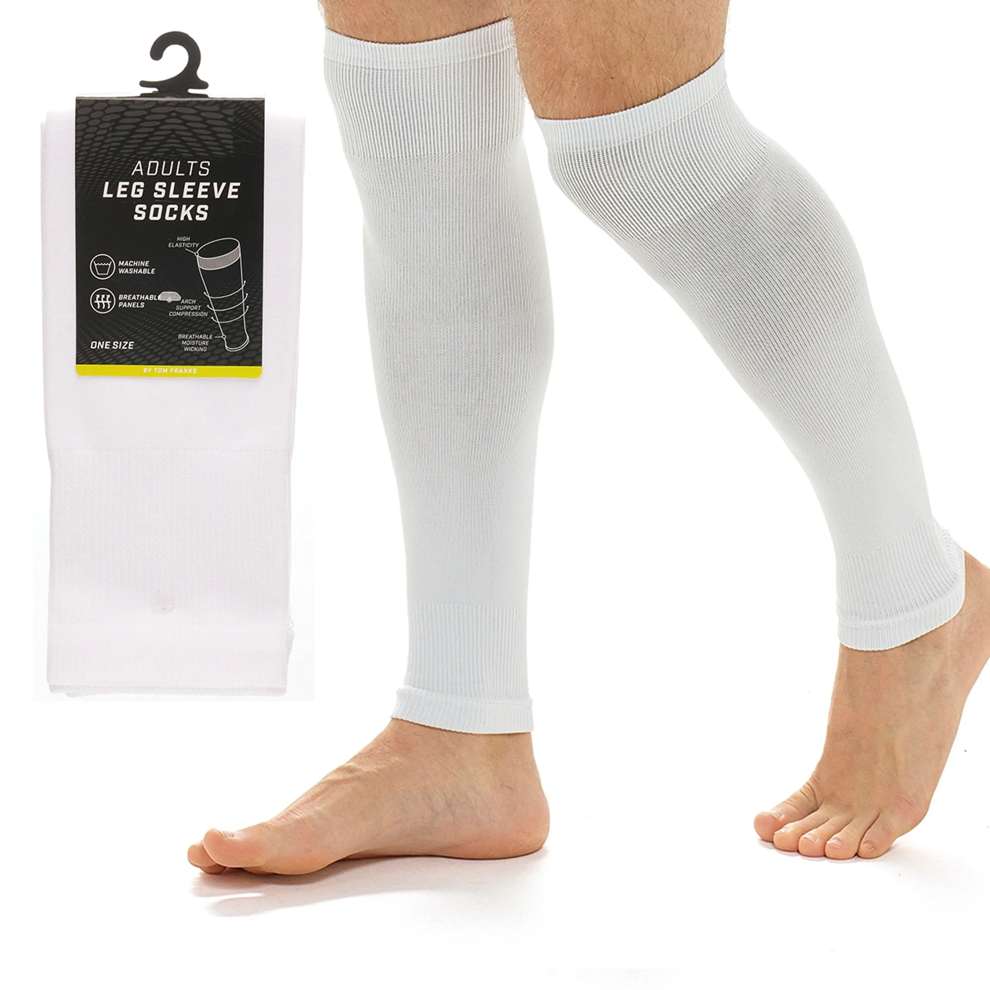 adults-white-football-leg-sleeve-socks-compression-support-fits-over-shin-pads-breathable-secure-for-training-running-by-sock-stack-white-socks-1176950131 - Bobobiy