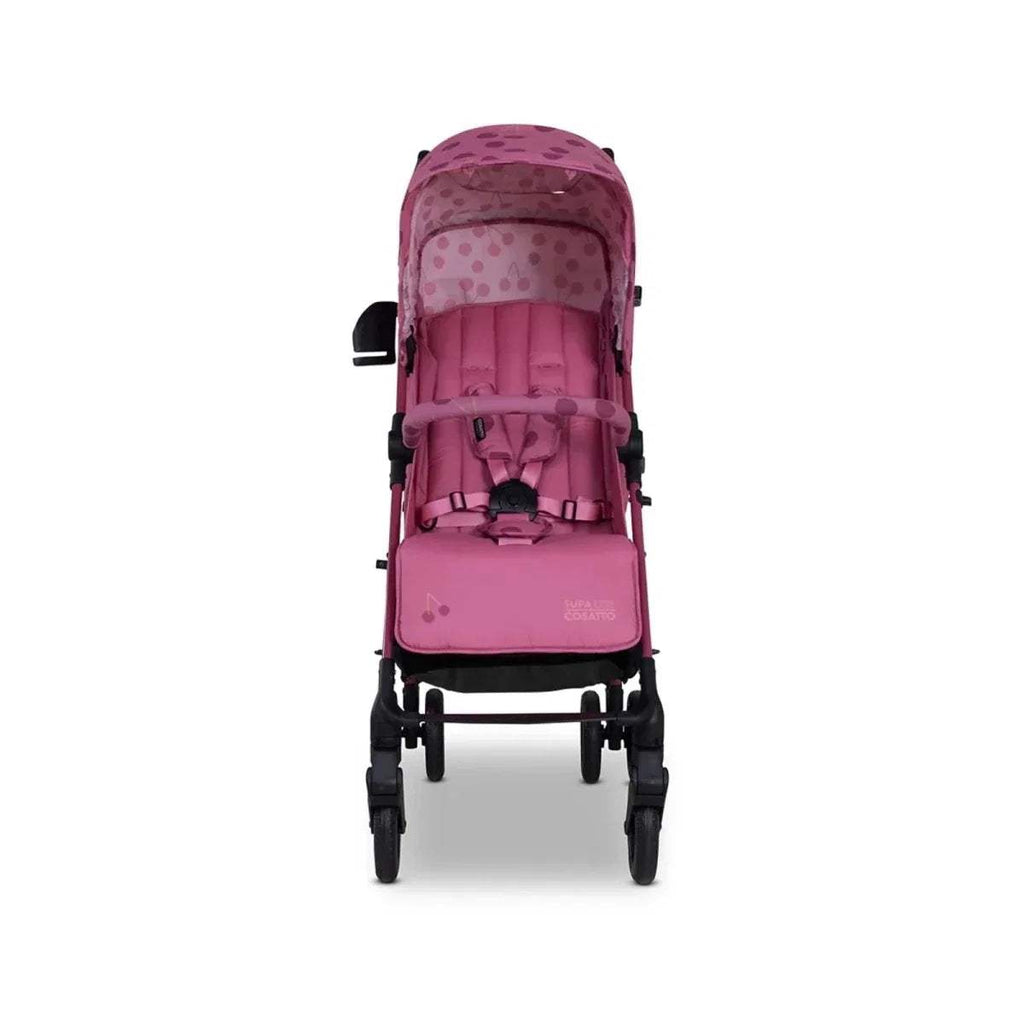 Cherry pink patterned stroller with canopy and padded seat, rear view