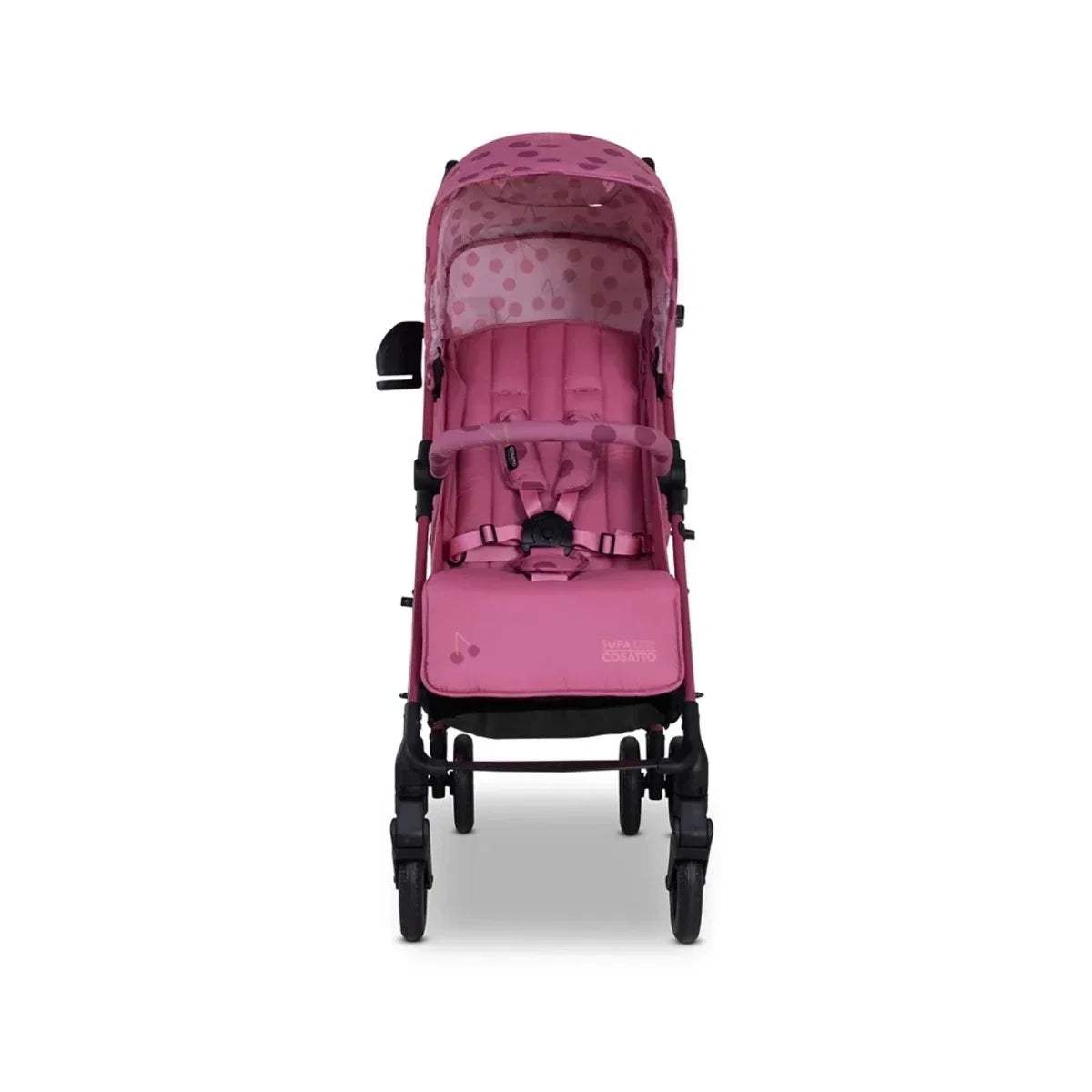 Cherry pink patterned stroller with canopy and padded seat, rear view