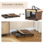 Brown foldable pet carrier with cushion, folded design, and carrying straps shown