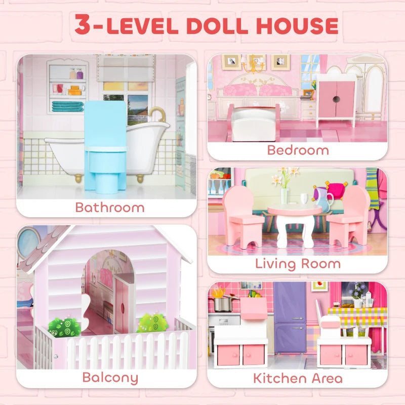 Pink dollhouse interior showing bedroom, bathroom, living area, kitchen, and balcony.